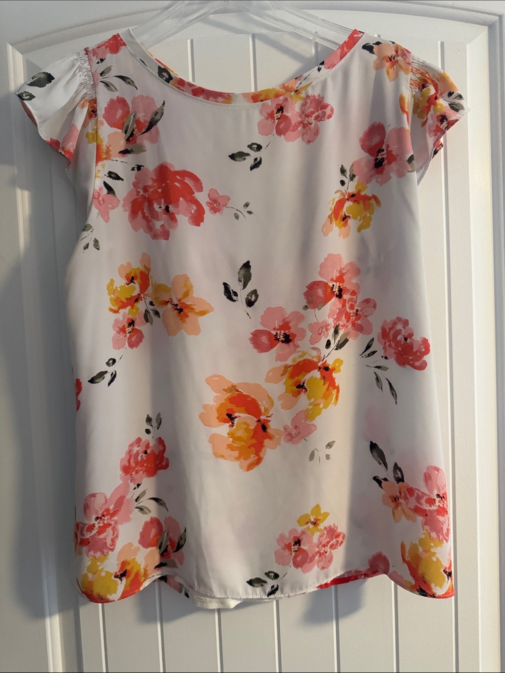 LOFT White Floral Cap-Sleeve Blouse with Pink and Yellow Flowers